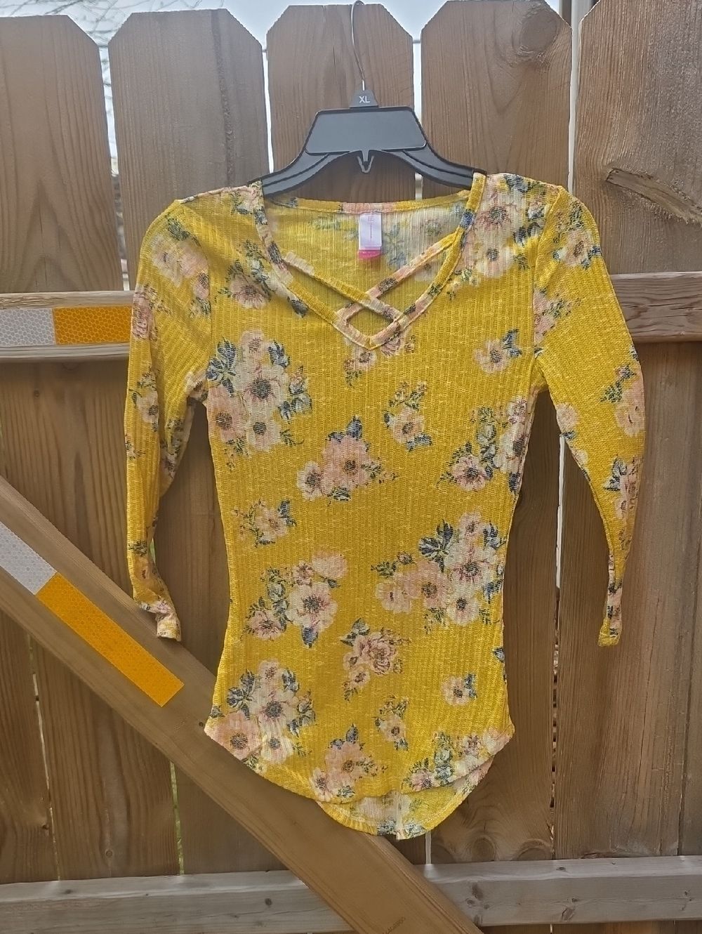 No Boundaries Yellow Floral Crisscross Long Sleeve Top